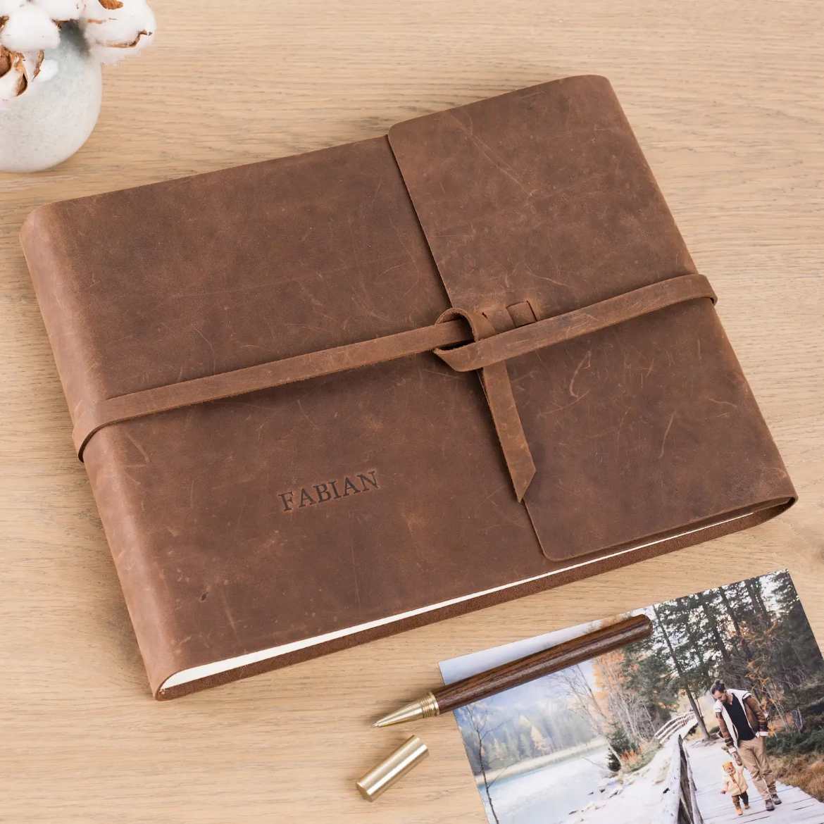 Picture of Leather Traditional Photo Album, Rustic Crazy Horse Leather, Wrap tie closure