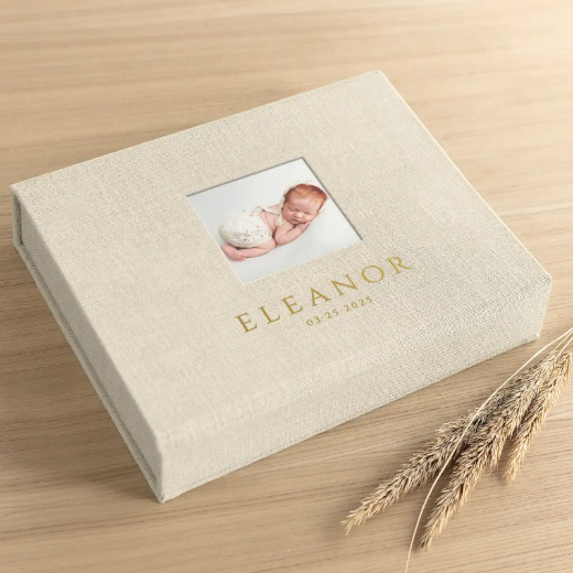 Picture of Linen Baby Keepsake Box, Photo Window, Magnet Closure