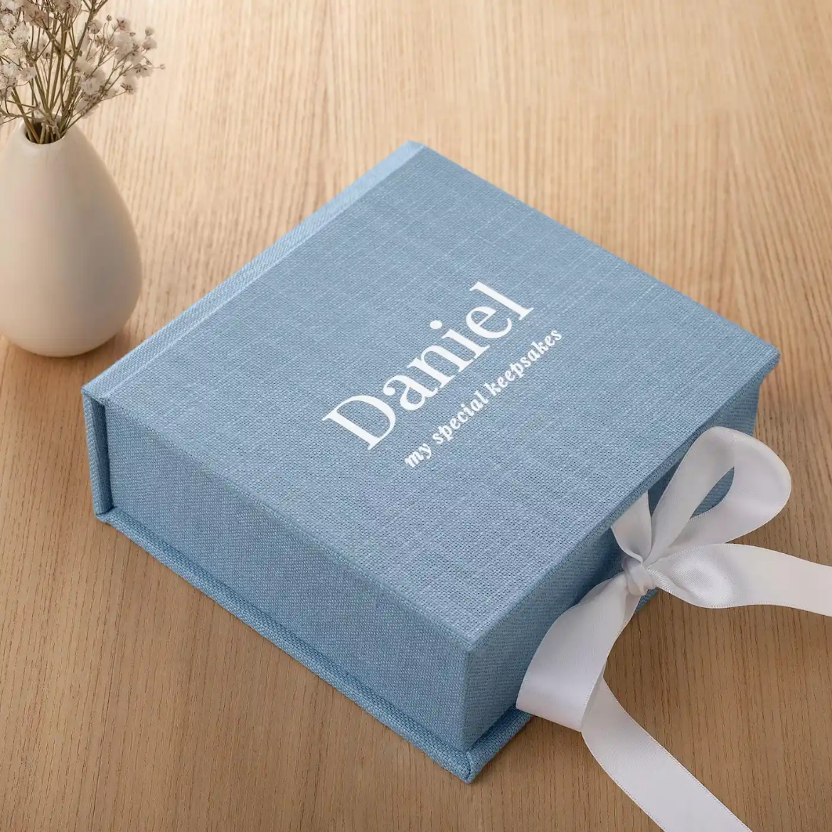 Picture of Linen Baby Keepsake Box with Ribbon Closure